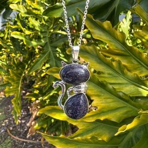 NEW Large Blue Goldstone Cat Necklace Blue Goldstone Cat Pendant